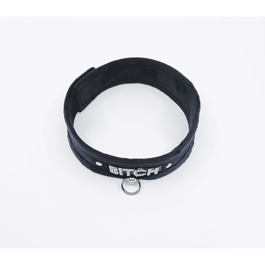 Love In Leather Diamante Bitch Fluffy Bondage Collar - Collars and Leads