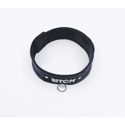 Diamante Bitch Fluffy Bondage Collar by Love In Leather - Collars and Leads