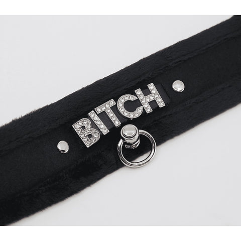 Diamante Bitch Fluffy Bondage Collar by Love In Leather - Collars and Leads