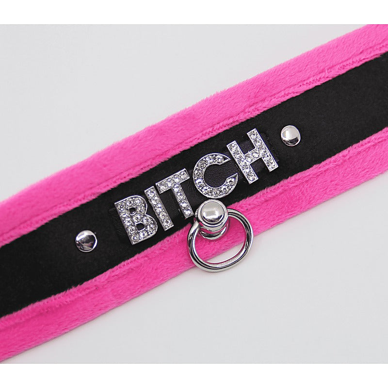 Diamante Bitch Fluffy Bondage Collar by Love In Leather - Collars and Leads