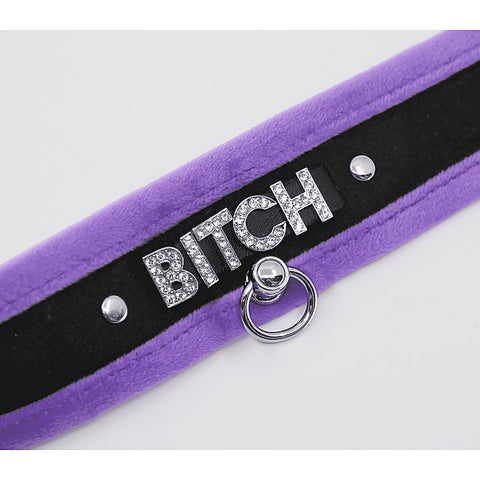 Diamante Bitch Fluffy Bondage Collar by Love In Leather - Collars and Leads