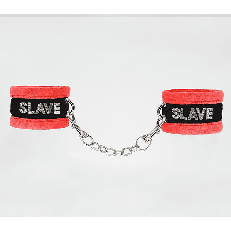 Love In Leather Fluffy Diamante SLAVE Hand Cuffs - Cuffs And Restraints