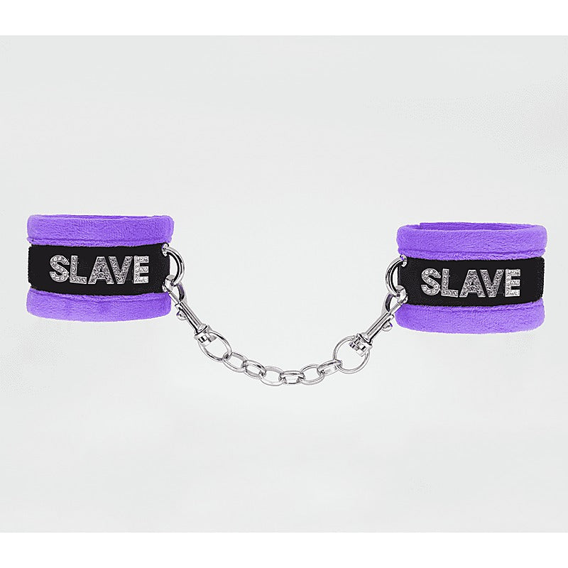 Love In Leather Fluffy Diamante SLAVE Hand Cuffs - Cuffs And Restraints