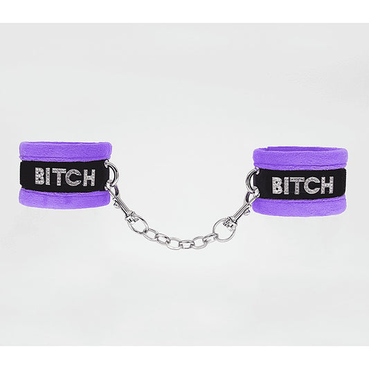 Love In Leather Diamante Bitch Fluffy Wrist Restraints