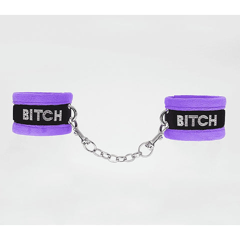 Love In Leather Diamante Bitch Fluffy Wrist Restraints