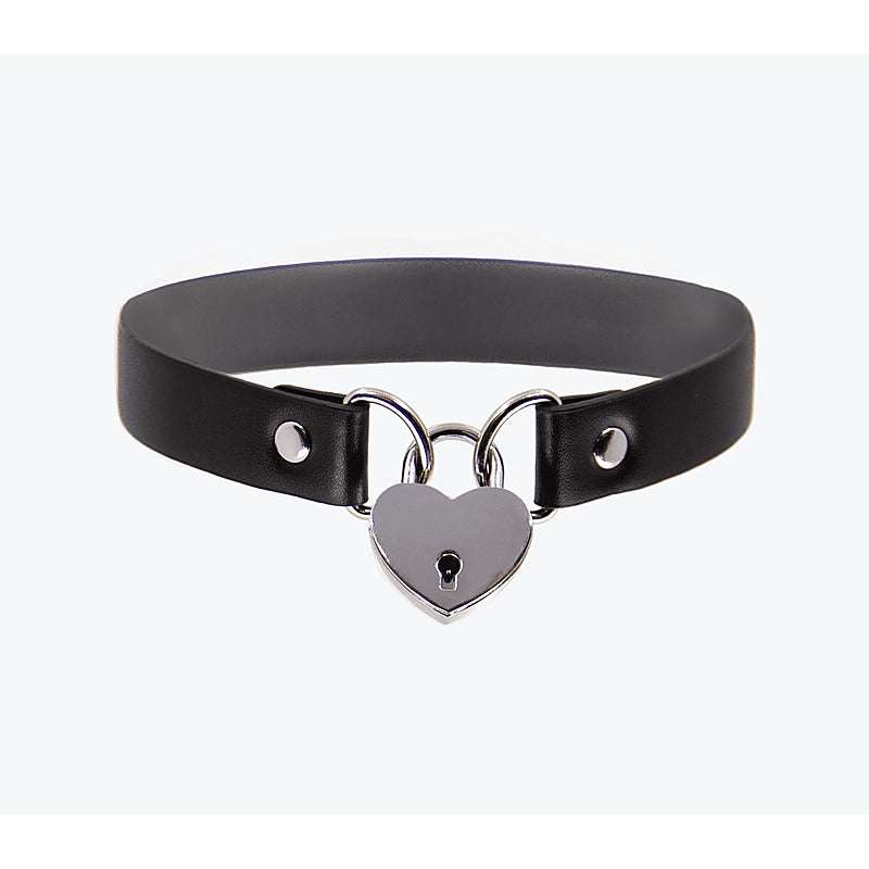 Heart Padlock Faux Leather Choker by Love In Leather - Collars and Leads