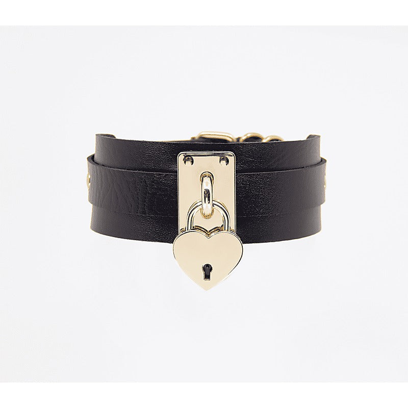 Heart Padlock Faux Leather Collar by Love In Leather - Collars and Leads