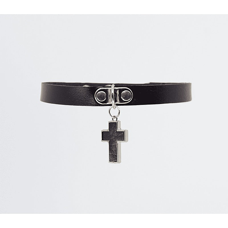 Cross Pendant Faux Leather Choker by Love In Leather - Collars and Leads