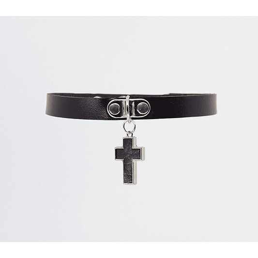 Love In Leather Cross Pendant Faux Leather Choke - Collars and Leads