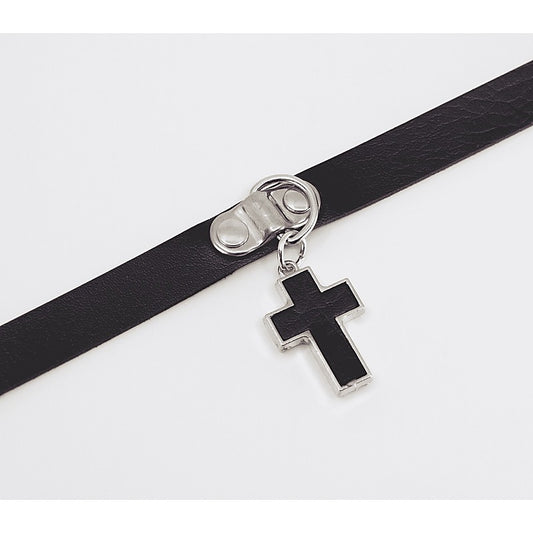 Love In Leather Cross Pendant Faux Leather Choke - Collars and Leads