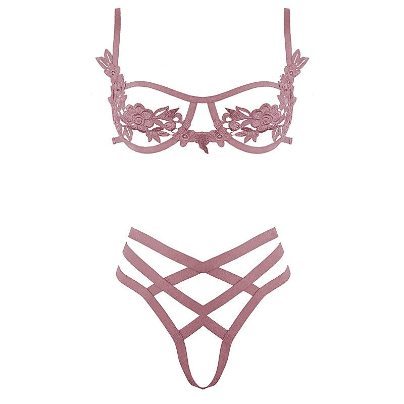 Open Cup Bra With Embroidered Floral Applique by Muse - Her Fetish