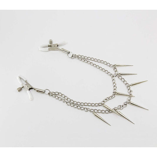 Love In Leather Spiked Chain Womens Nipple Clamps - Nipple and Clit Clamps