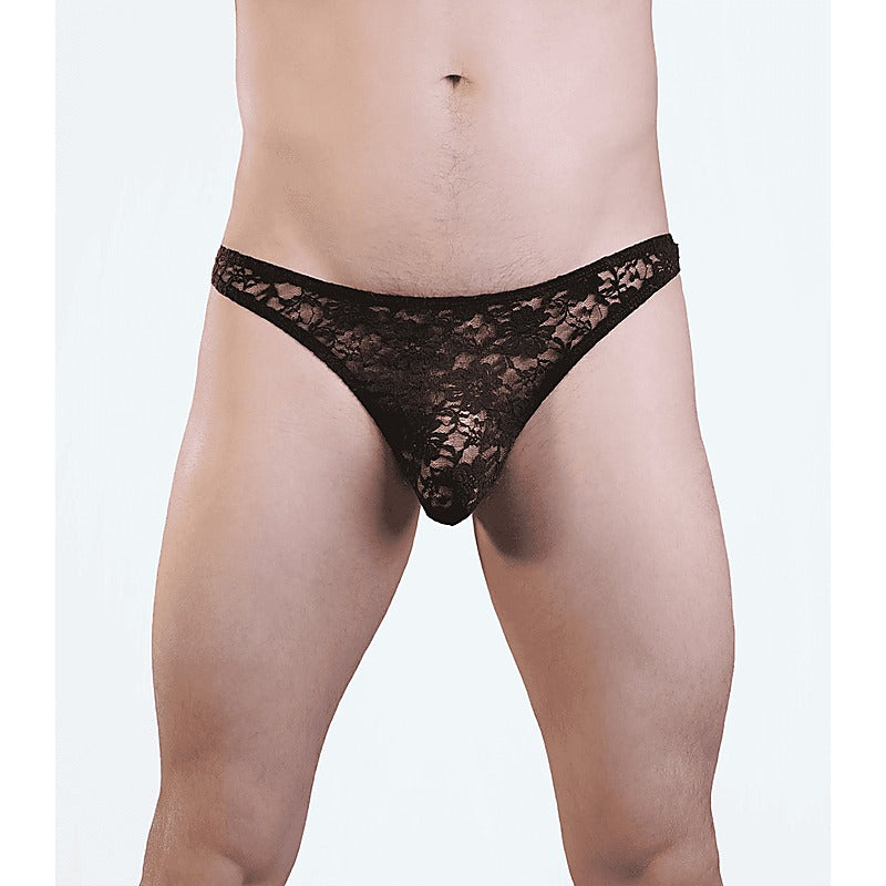 Love In Leather Mens Full Lace Sexy G-String Black - Jocks and G-Strings