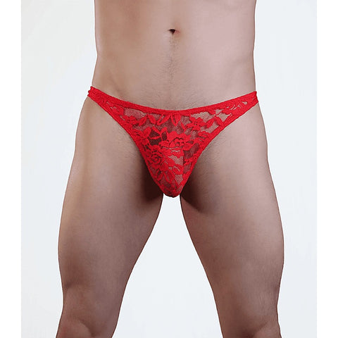 Love In Leather Mens Full Lace Sexy G-String Red - Jocks and G-Strings