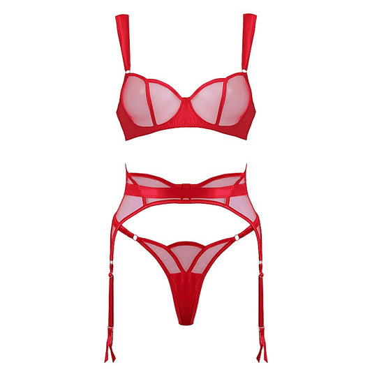 Muse 3-Piece Sheer Mesh BDSM Lingerie Set Red - Her Fetish