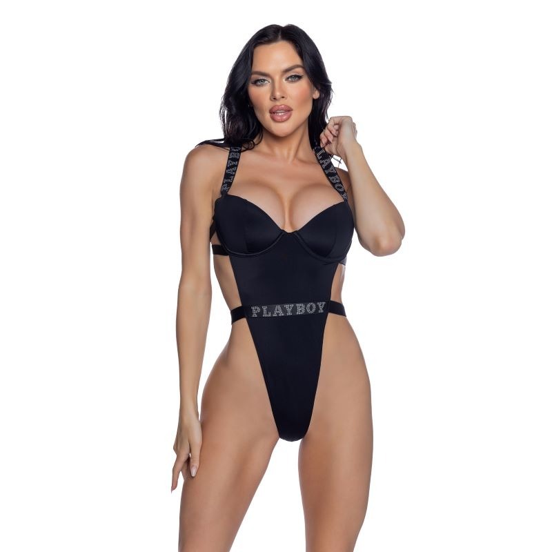 PlayBoy High-Leg Swimsuit with Rhinestone Logo Bodysuit - Teddies and Bodysuits