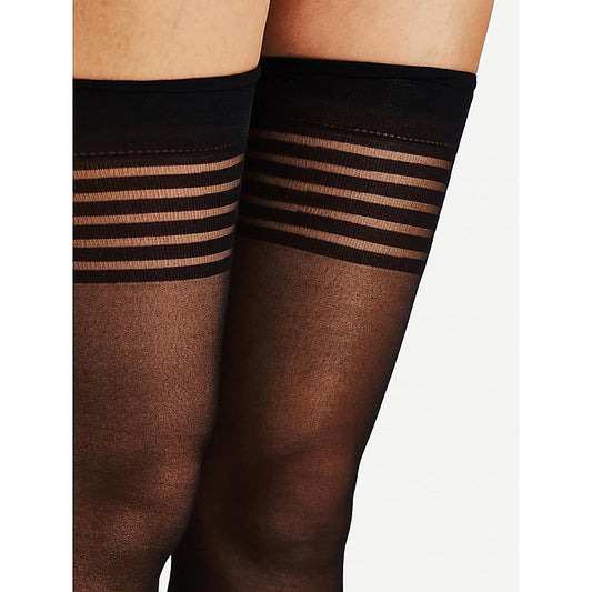 Love In Leather Sheer Thigh Highs With Band Top - Fishnet and Thigh Highs