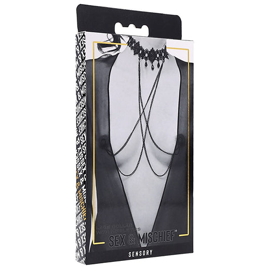 Sportsheets Sex and Mischief Lace Collar with Nipple Ties - Collars and Leads