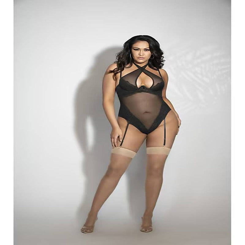 Seven Til Midnight Lace and Mesh Teddy With Removable Shoulder Straps and Thong Back 3X/4X - Teddies and Bodysuits