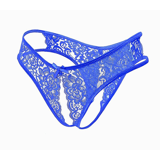 Love In Leather Full Lace Crotchless Lace Panties Blue - G-Strings, Panties and Shorts