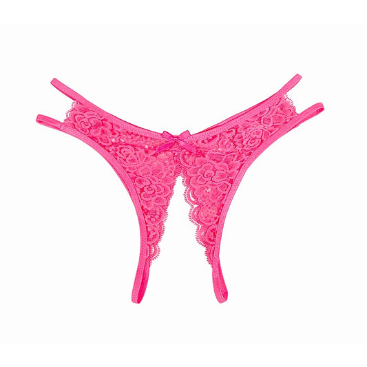 Love In Leather Full Lace Crotchless Lace Panties Hot Pink - G-Strings, Panties and Shorts