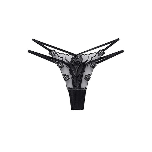 Love In Leather Womens Embroidered G-String Panties Black - G-Strings, Panties and Shorts