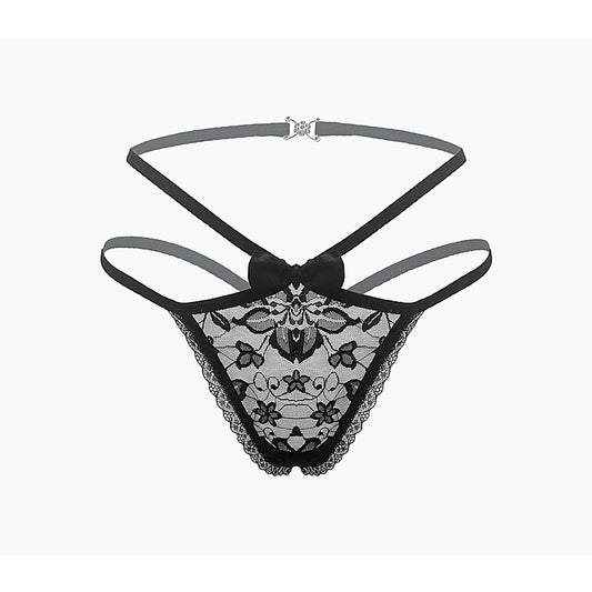 Love In Leather Full Lace G-String Crotchless Panties OS - G-Strings, Panties and Shorts