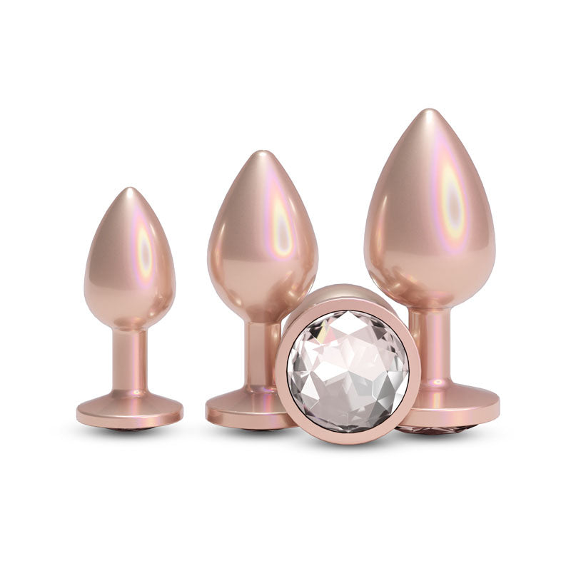 NS Novelties Rear Assets 3 Sizes Metallic Butt Plugs Kit Rose Gold Butt Plugs
