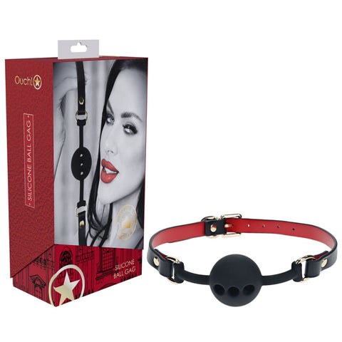 Shots Toys OUCH Milan Collection Breathable Silicone Ball Gag Black / Red - Bondage Gags and Bits