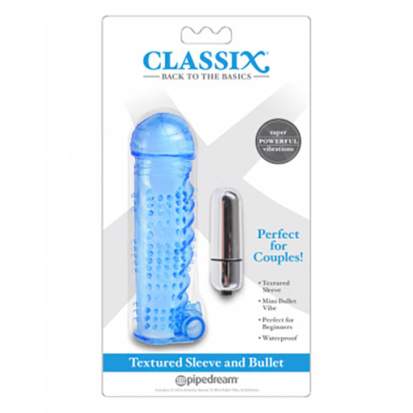 Pipedream Classix Textured Penis Sleeve With Bullet Blue Penis Sleeves and Extenders