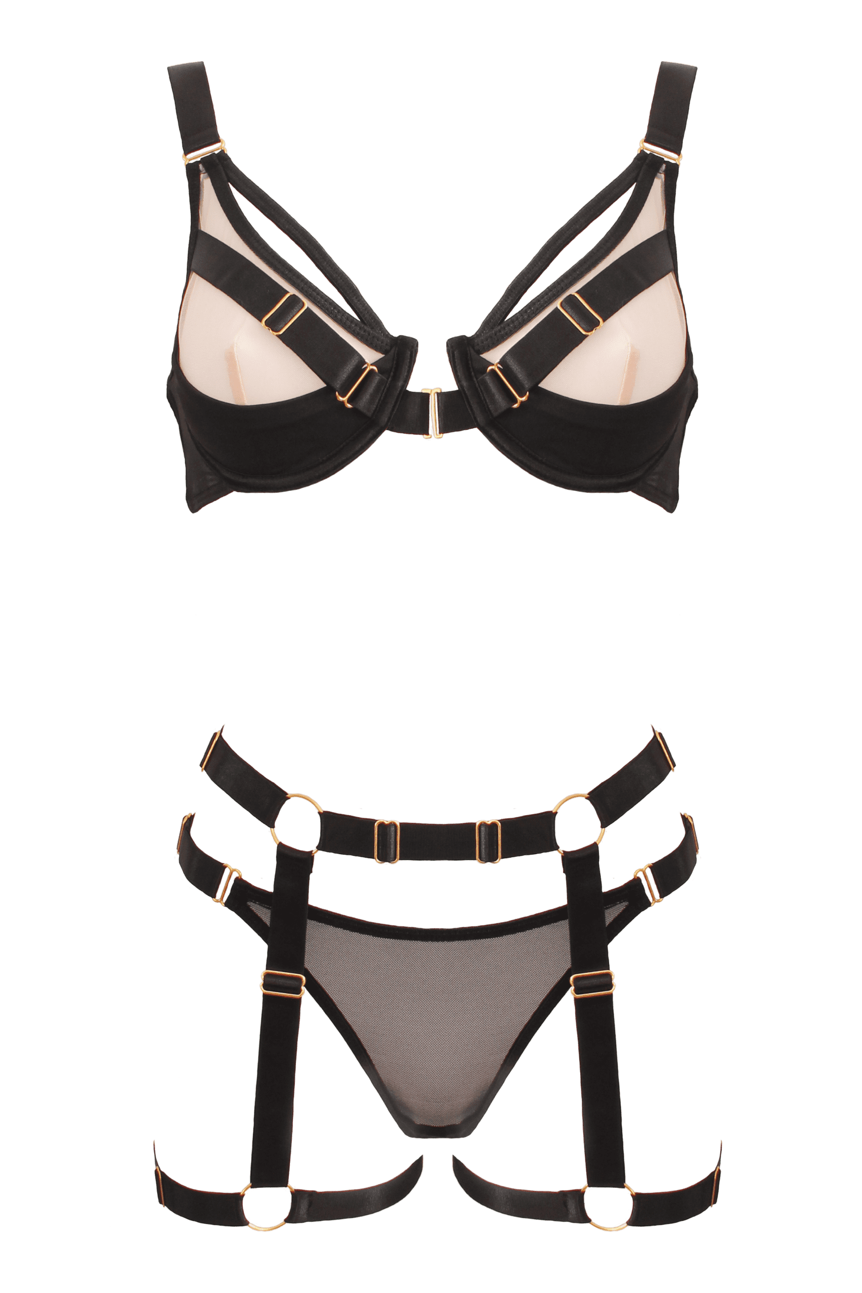 Muse Bra and Panty Set With Elastic Leg Garter Belt Black Large Her Fetish