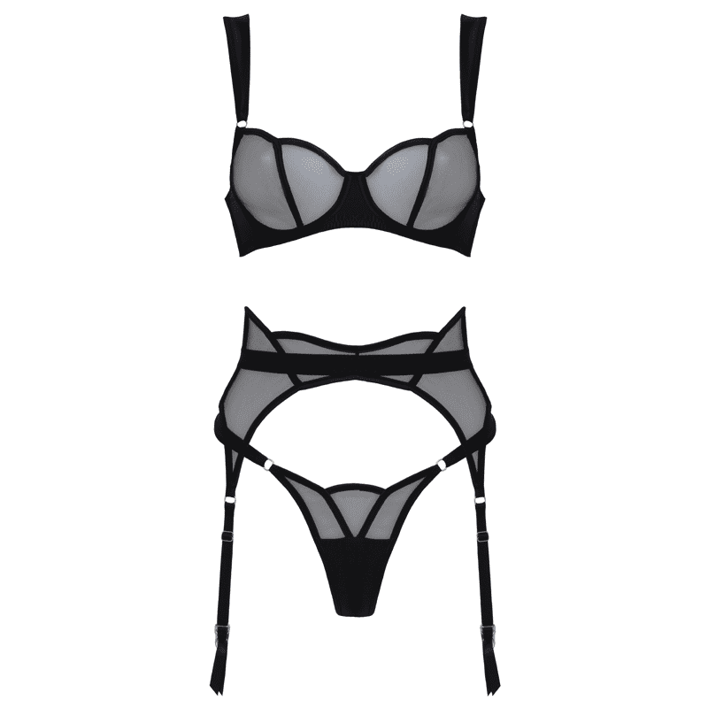Muse 3-Piece Sheer Mesh And Satin BDSM Lingerie Black Black Large Her Fetish