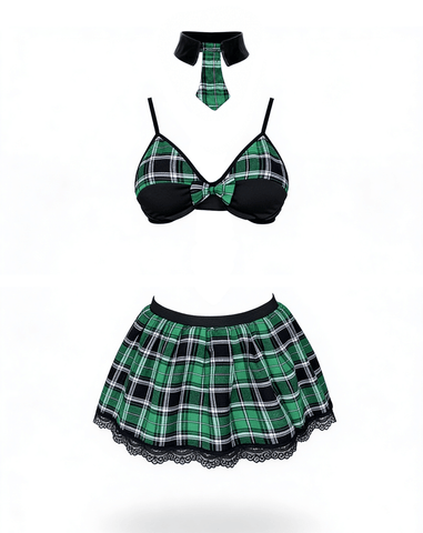 Love In Leather 4 Piece Sexy School Girls Dress Set Green - Fancy Dress Ups