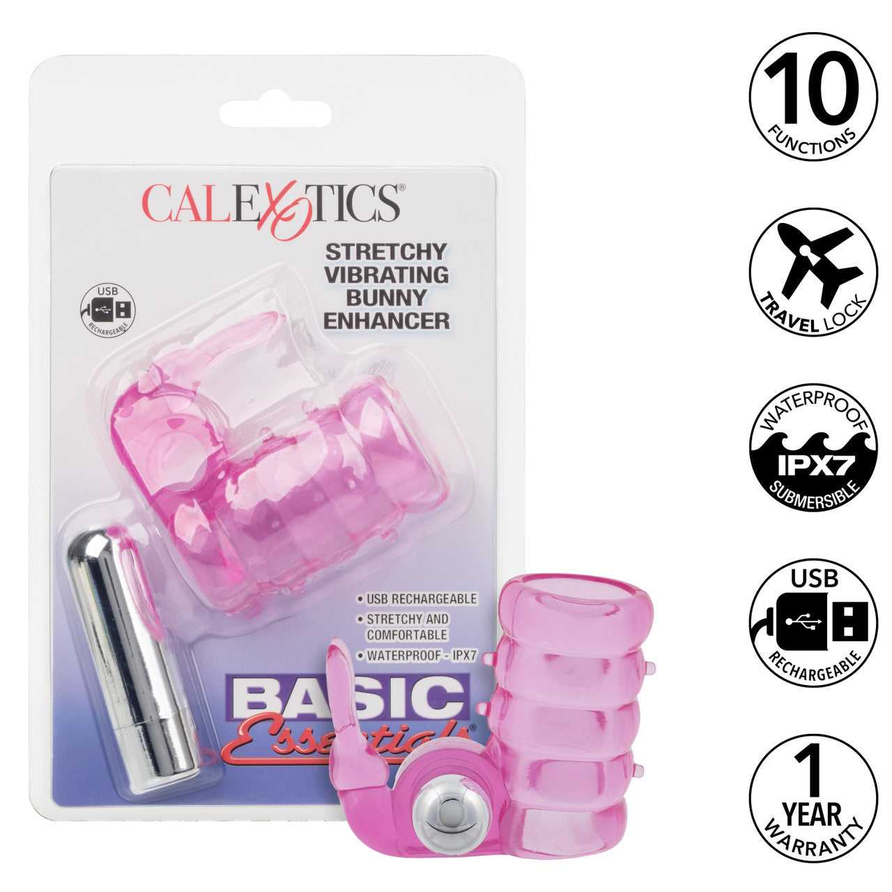 Basic Essentials Stretchy Vibrating Bunny Enhancer Cock Rings