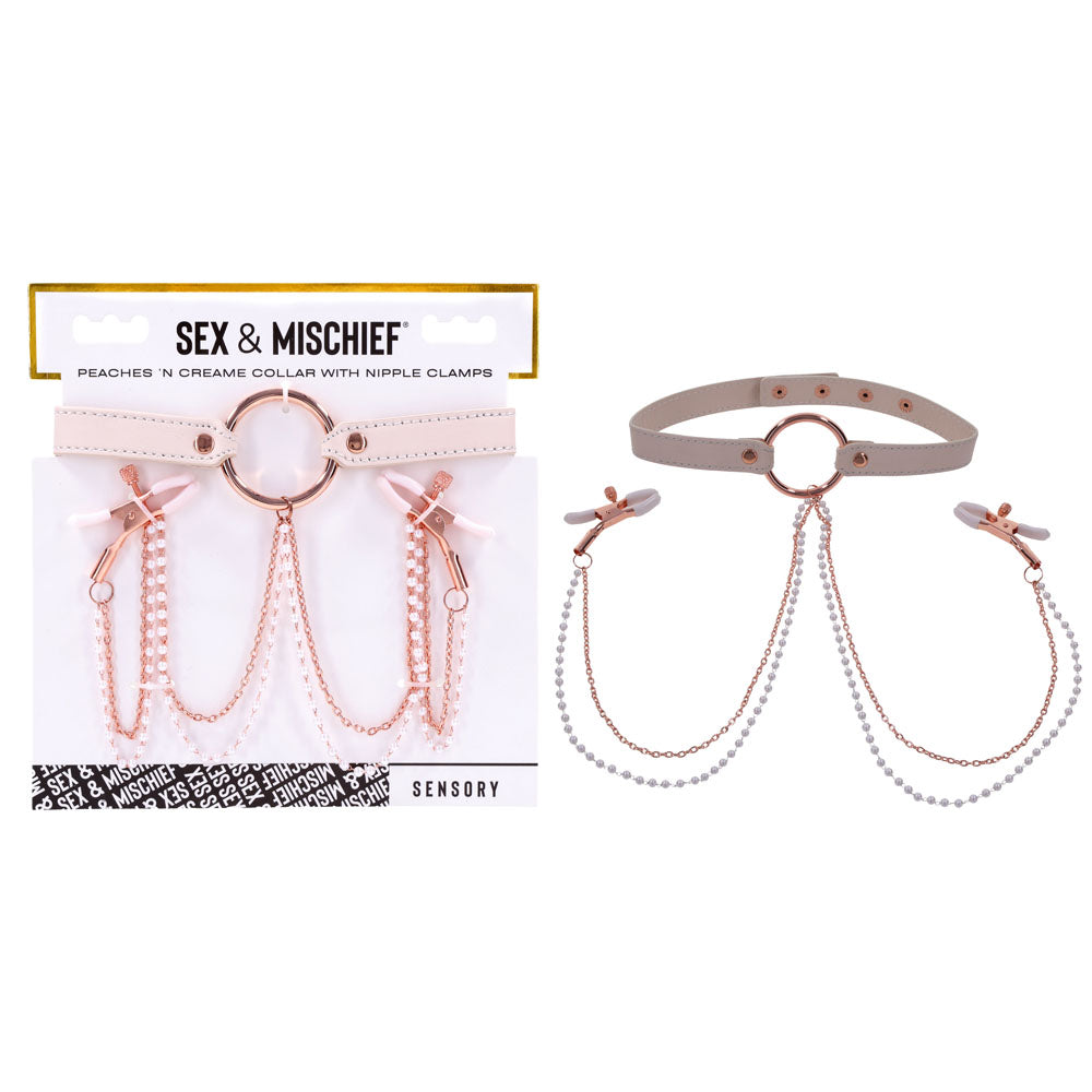 Sportsheets Sex & Mischief Peaches N CreaMe Collar With Nipple Clamps Nipple and Clit Clamps