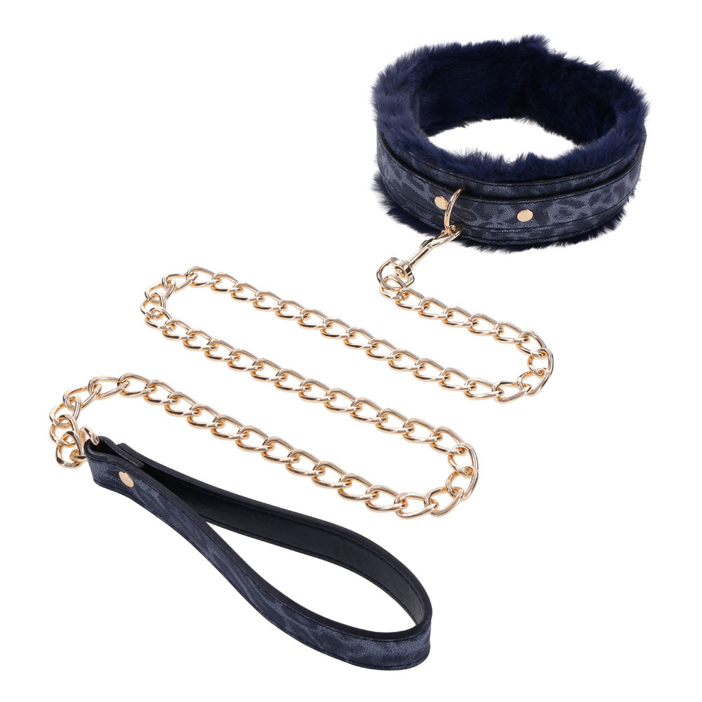 Sportsheets Sex & Mischief Cougar Fur Bondage Collar & Leash Navy Blue / Gold Collars and Leads