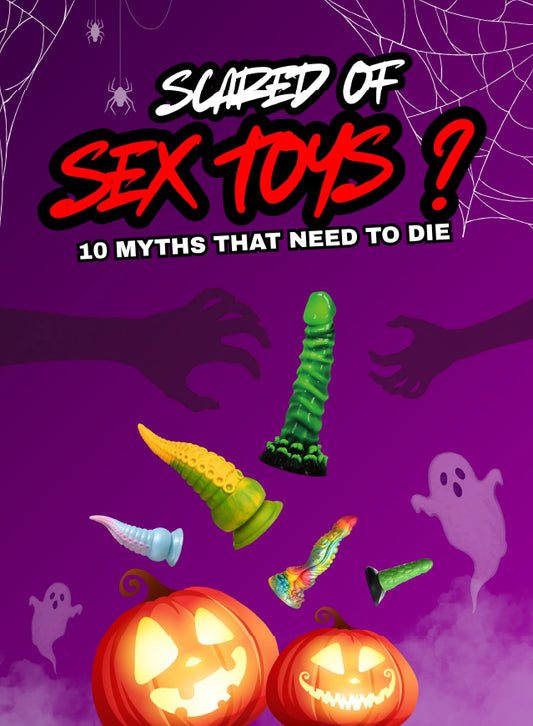 Halloween-themed graphic with the text 'SURGED OF SEX TOYS ?' and '10 MYTHS THAT NEED TO DIE' on a purple background, with illustrated toys, ghosts, spiderwebs, and jack-o'-lanterns.
