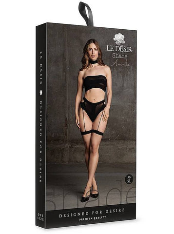 Le Desir Shade Ananke XII Three Piece Bandeau Top and Pantie with Garters Black - Bras and Bra Sets