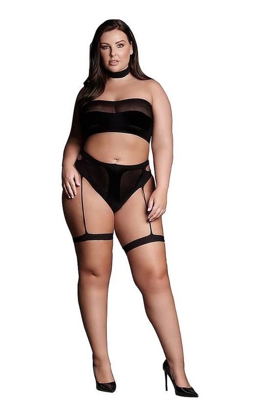 Le Desir Shade Ananke XII Three Piece Bandeau Top and Pantie with Garters Black Bras and Bra Sets