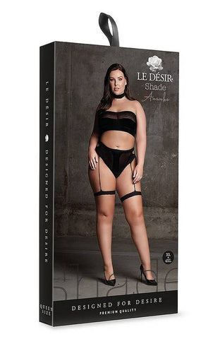 Le Desir Shade Ananke XII Three Piece Bandeau Top and Pantie with Garters Black - Bras and Bra Sets