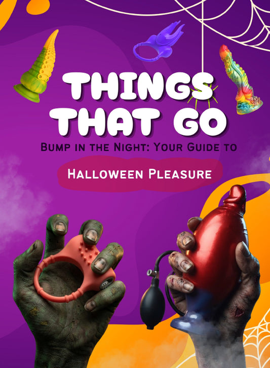 Book cover for 'Things That Go: Bump in the Night: Your Guide to Halloween Pleasure' featuring a purple and orange background with spiderwebs, a green pointed object, a blue mask, a colorful object, and two zombie hands holding red and orange novelty items.