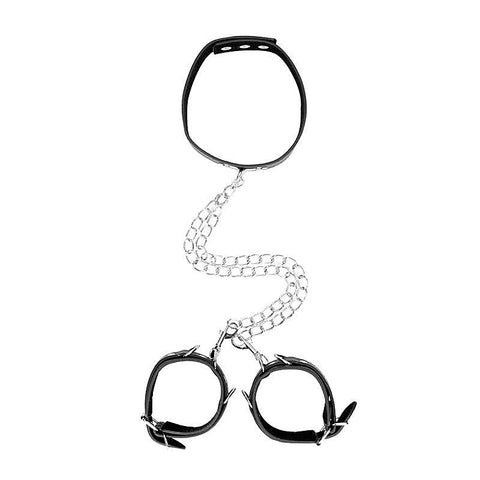 OUCH! BW Bonded Leather Collar With Hand Cuffs by Shots Toys - Cuffs and Restraints