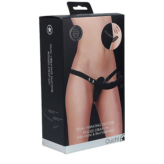 OUCH! Dual Silicone Ridged Vibrating Strap-On - Enhance Pleasure