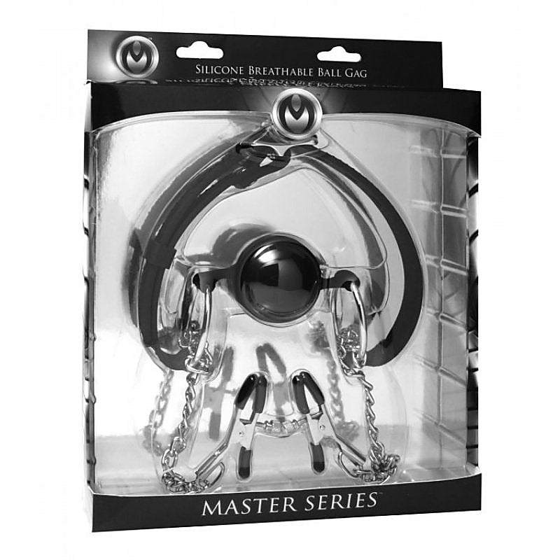 Breathable Silicone Ball Gag With Nipple Clamps by XR Brands - Bondage Gags and Bits