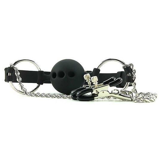 Hinder Breathable Silicone Ball Gag With Nipple Clamps
