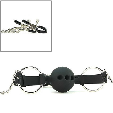 Breathable Silicone Ball Gag With Nipple Clamps by XR Brands - Bondage Gags and Bits