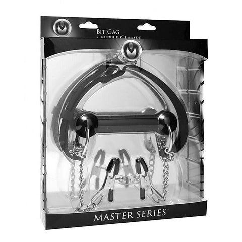 Equine Silicone Bit Gag With Nipple Clamps by XR Brands - Nipple and Clit Clamps