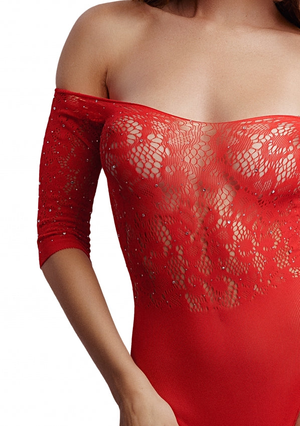 Le Desir Crotchless Rhinestone Sexy Teddy Red Teddies and Bodysuits