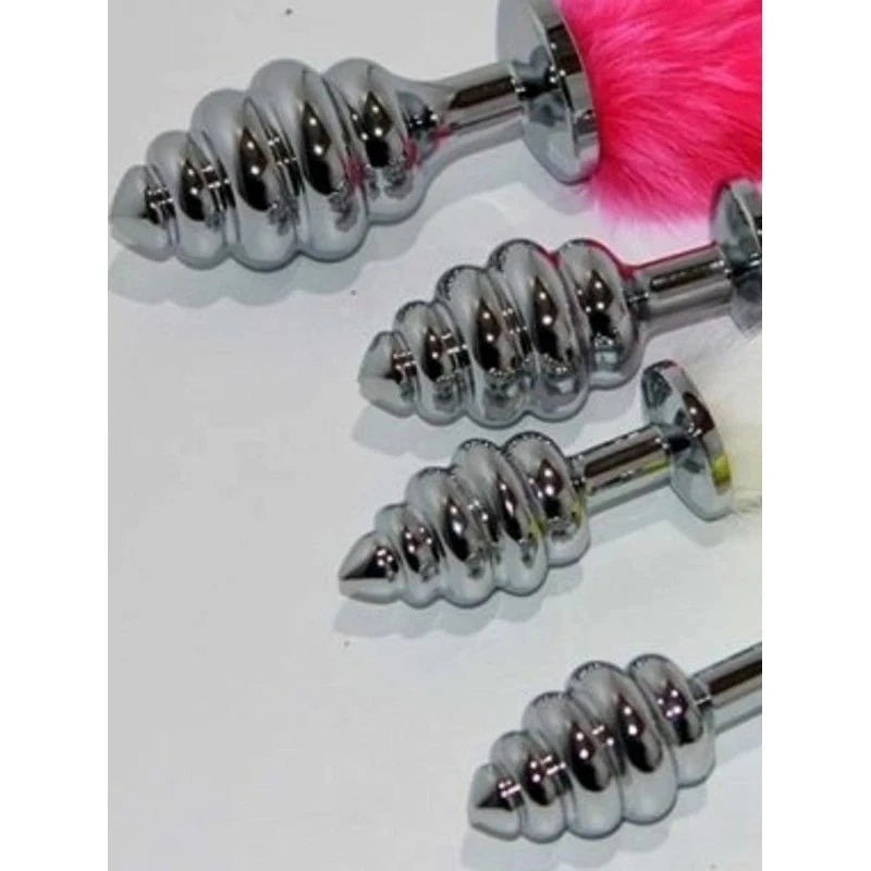 Faux Rabbit Tail Ribbed Butt Plug Silver Large Butt Plugs