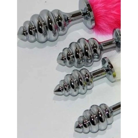Faux Rabbit Tail Ribbed Butt Plug Silver Large - Butt Plugs